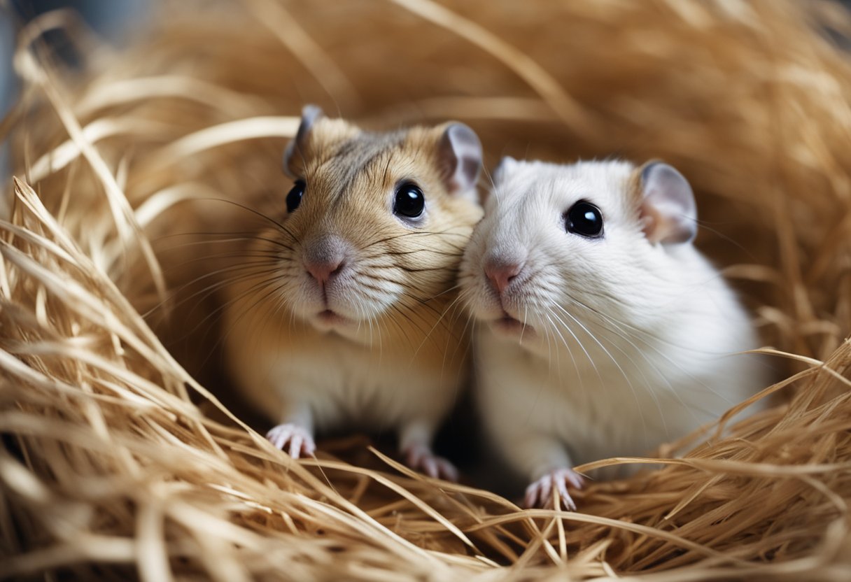 Two gerbils sit comfortably in a cozy cage, one being gently held by the other as they nuzzle and groom each other