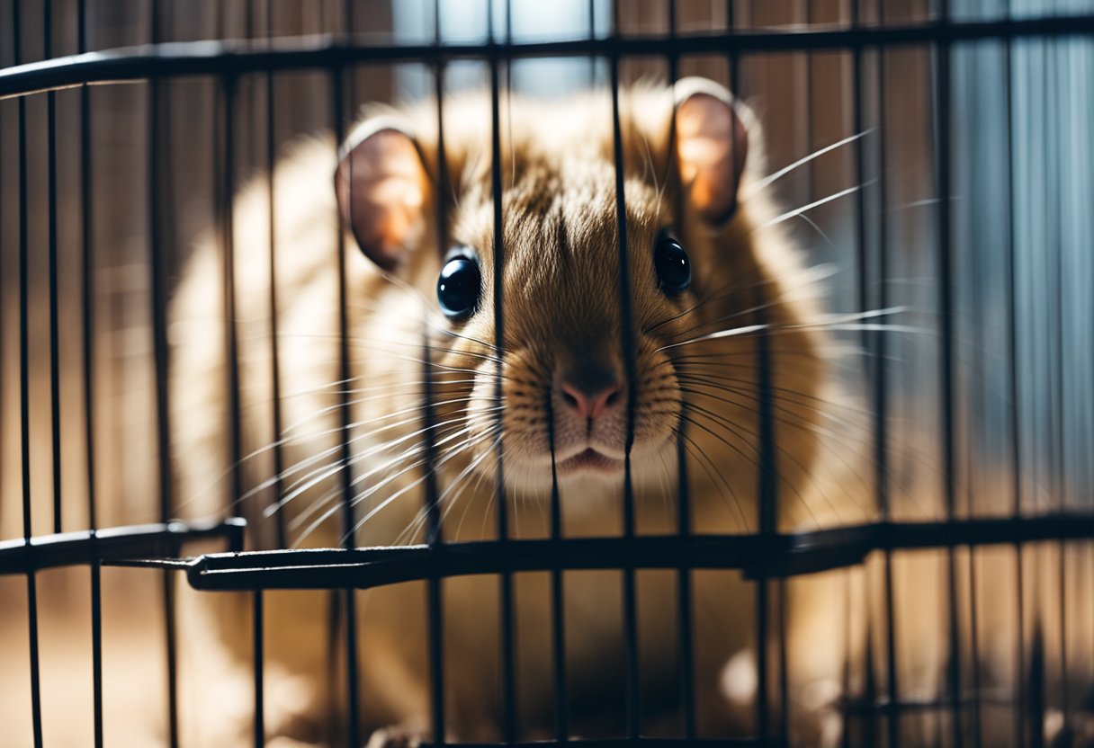A gerbil sits calmly in its cage, ears perked up and eyes bright, as it is gently held in a person's hand