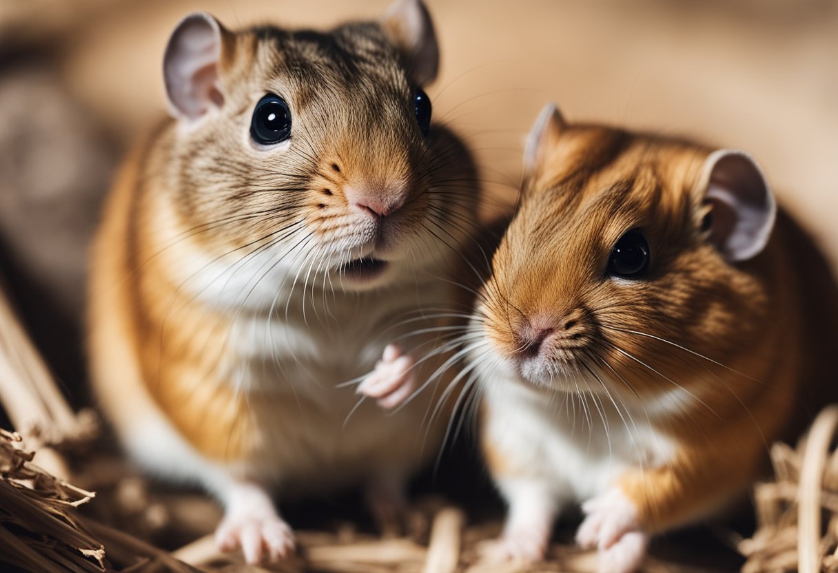 Gerbils held gently in a secure, open palm, with a calm and relaxed demeanor, in a quiet and comfortable environment