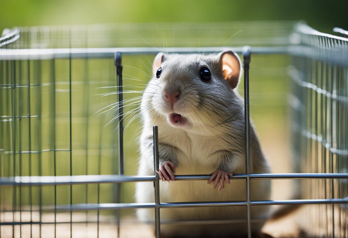 A gerbil sits calmly in a small hand-held cage, looking up at the person holding it with curiosity and contentment