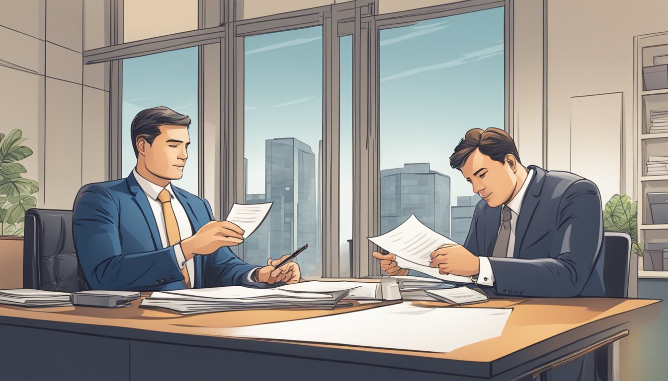 A businessman signing a loan agreement with a banker at a desk in a well-lit office. The banker is explaining terms while the businessman nods in agreement