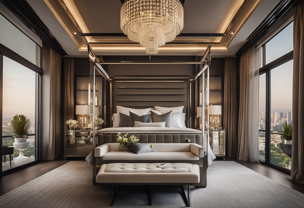A luxurious master bedroom with a grand canopy bed, elegant chandelier, and floor-to-ceiling windows overlooking a breathtaking view