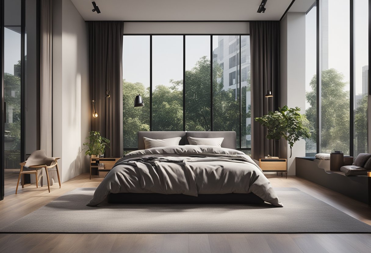 The open bedroom has a minimalist design with a large window, a cozy bed, and simple furniture