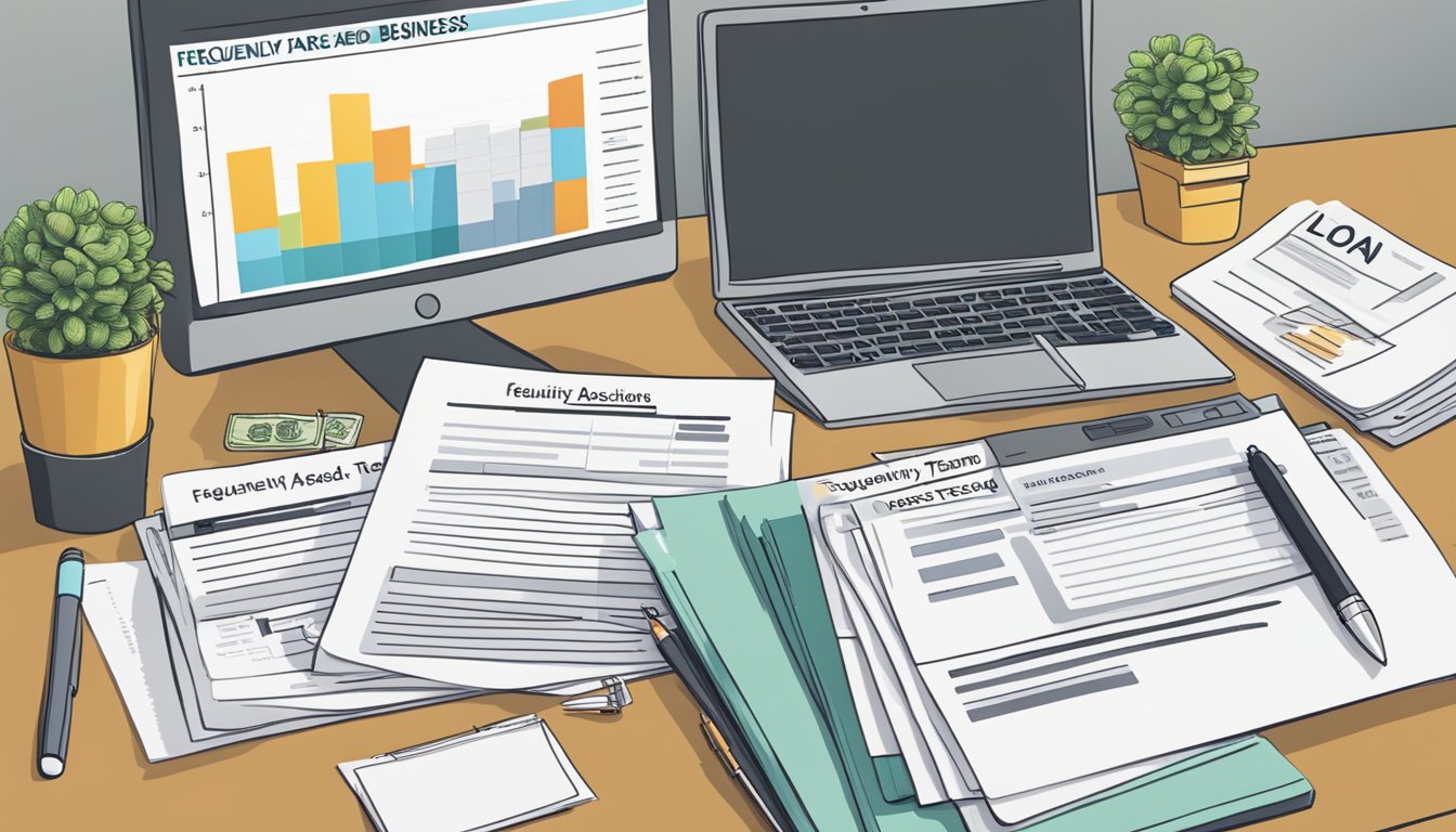 A stack of papers labeled "Frequently Asked Questions" and "business terms loan" sits on a desk, surrounded by a computer, calculator, and pen