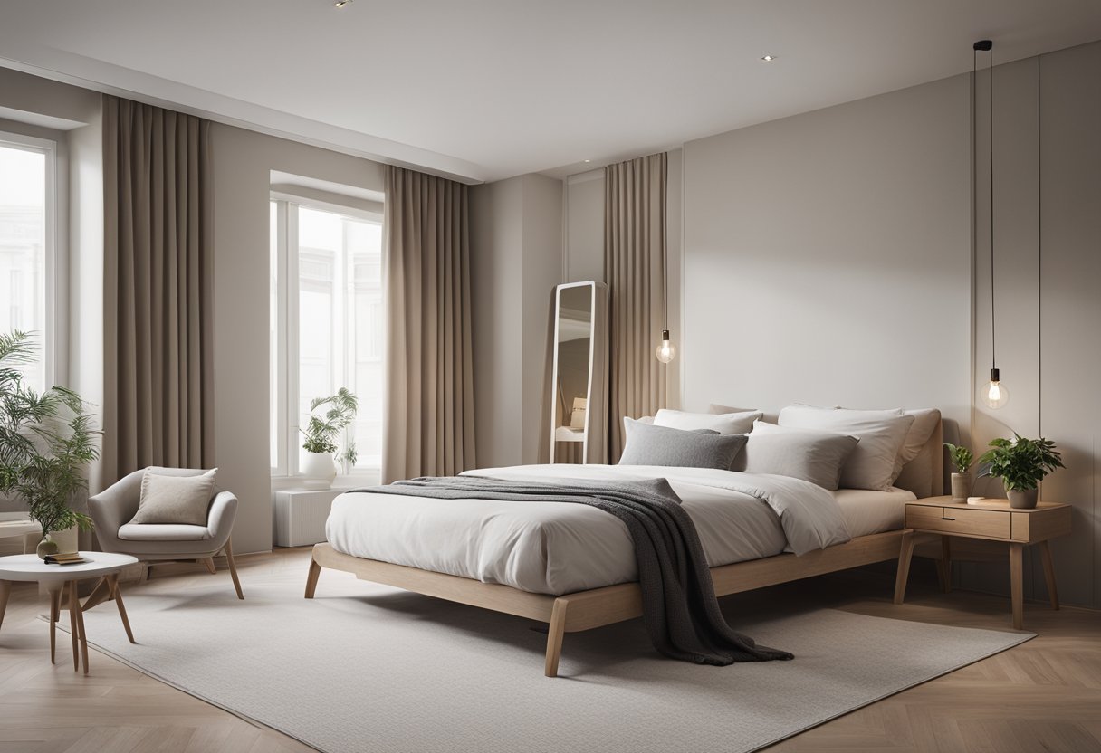 A spacious bedroom with a large window, minimalistic furniture, and soft, neutral colors. The bed is positioned in the center, with a cozy reading nook in one corner