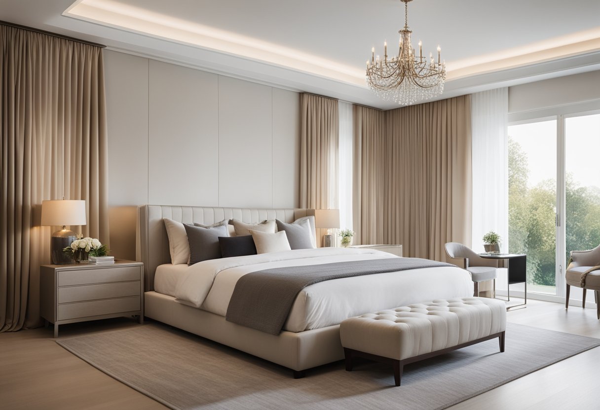 A spacious master bedroom with a luxurious king-sized bed, soft neutral color palette, elegant furniture, and large windows with flowing curtains, creating a serene and inviting sanctuary