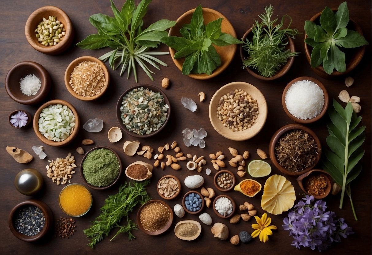 Various cultural symbols (e.g. herbs, crystals, traditional tools) surround a central focal point, representing diverse perspectives on healing