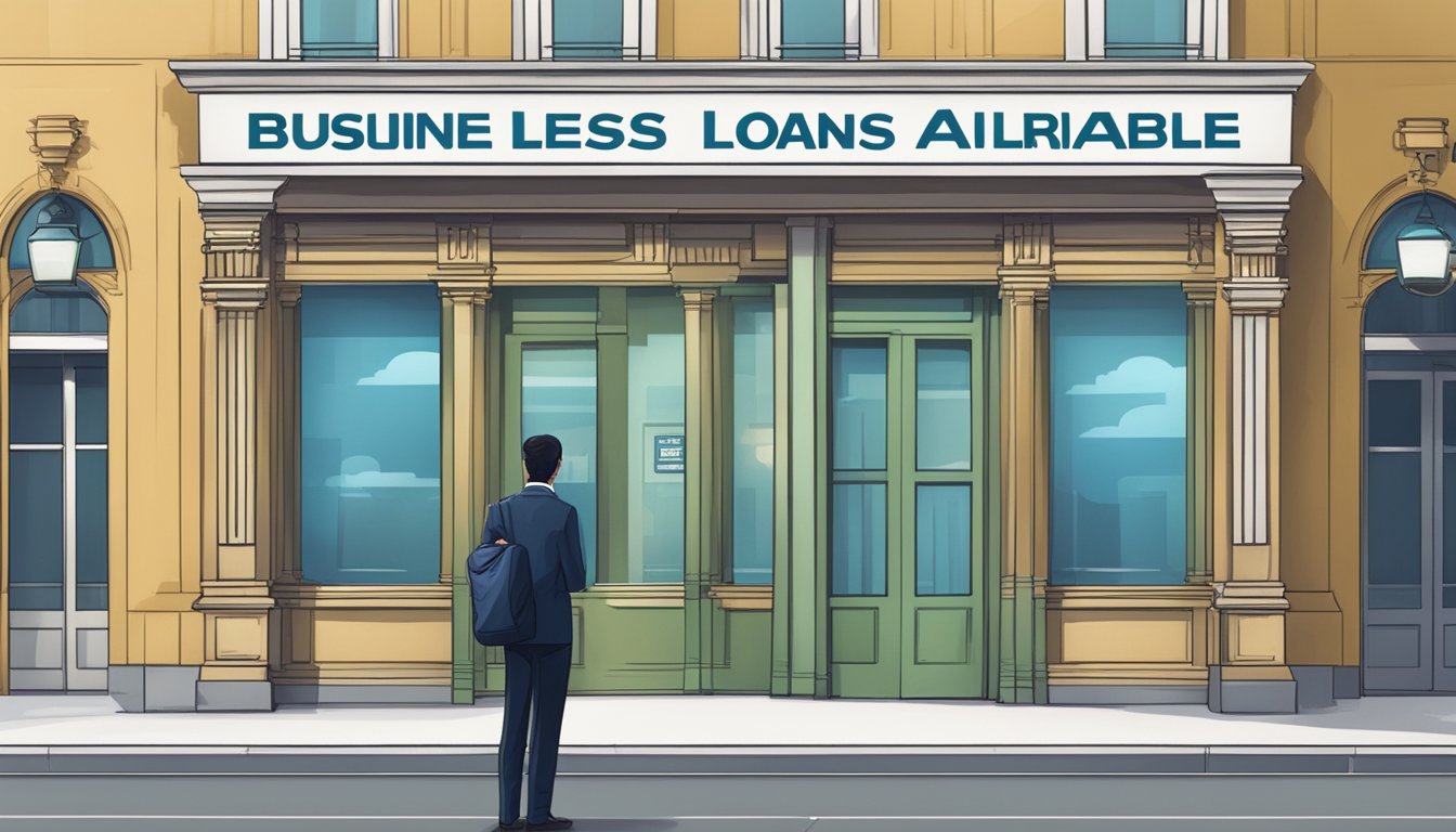A person standing in front of a bank or financial institution, looking at a sign that says "Business Loans Available."
