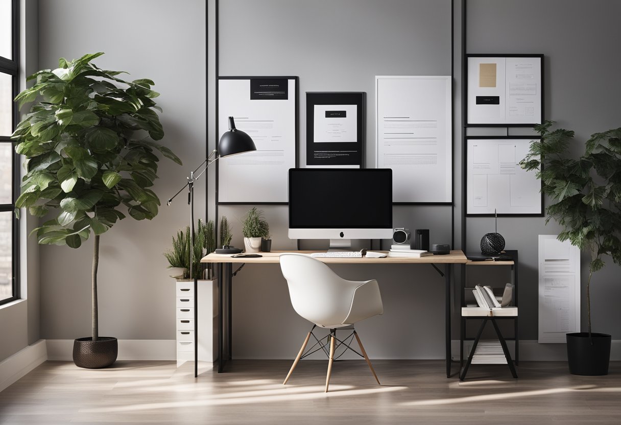 A sleek, modern office space with a clean desk, mood board, and computer displaying an entry level interior design resume