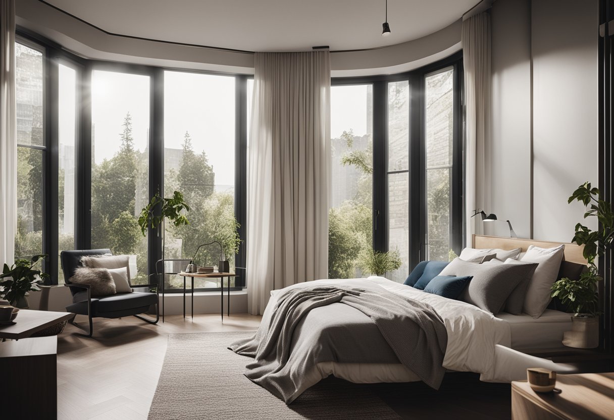An open bedroom with modern decor, featuring a cozy bed, minimalist furniture, and natural light streaming in through large windows