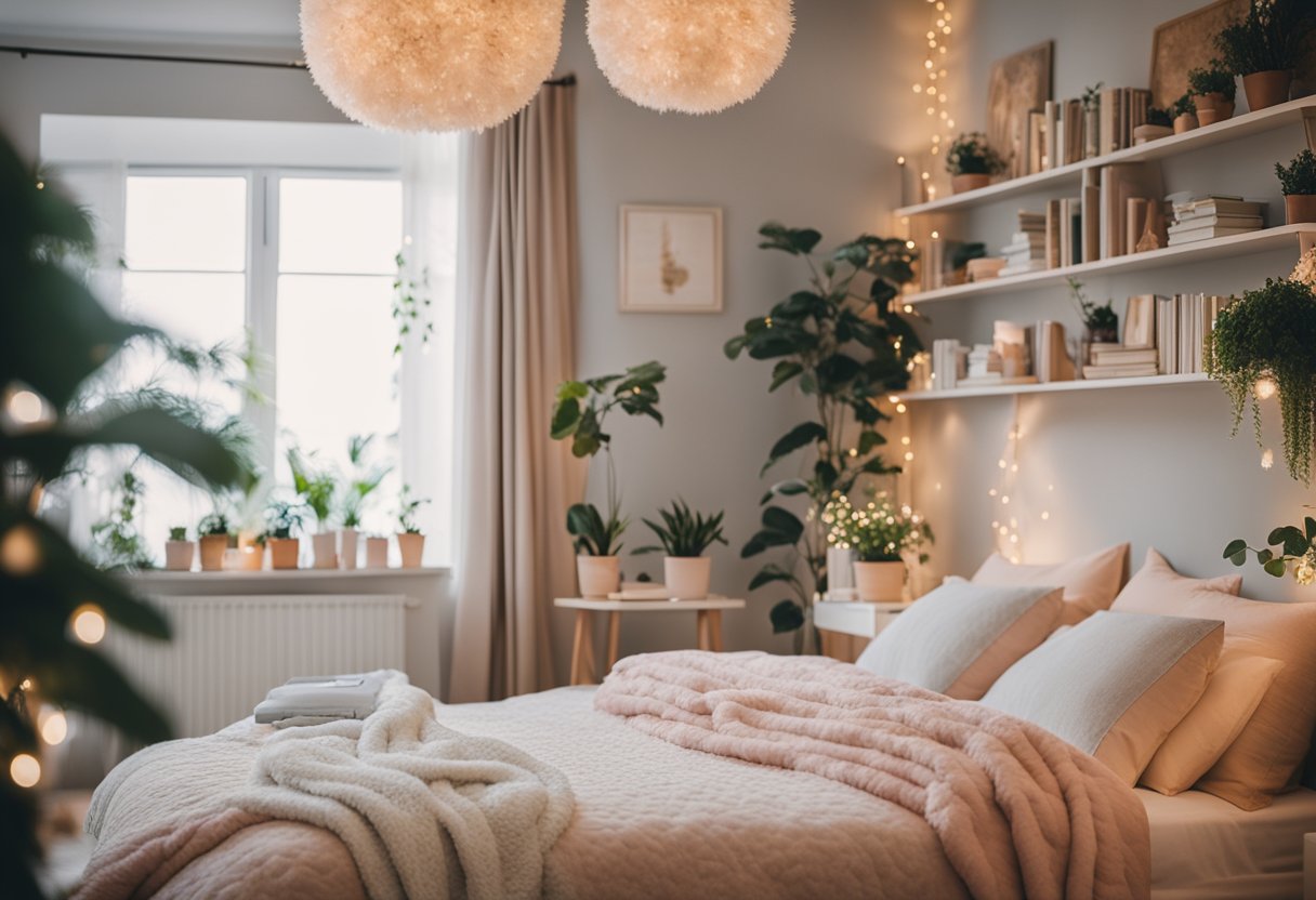 A cozy bedroom with soft pastel colors, plush bedding, and a fluffy rug. A vanity with a large mirror and twinkling fairy lights adds a touch of elegance. A bookshelf filled with books and plants brings a sense of calm and serenity