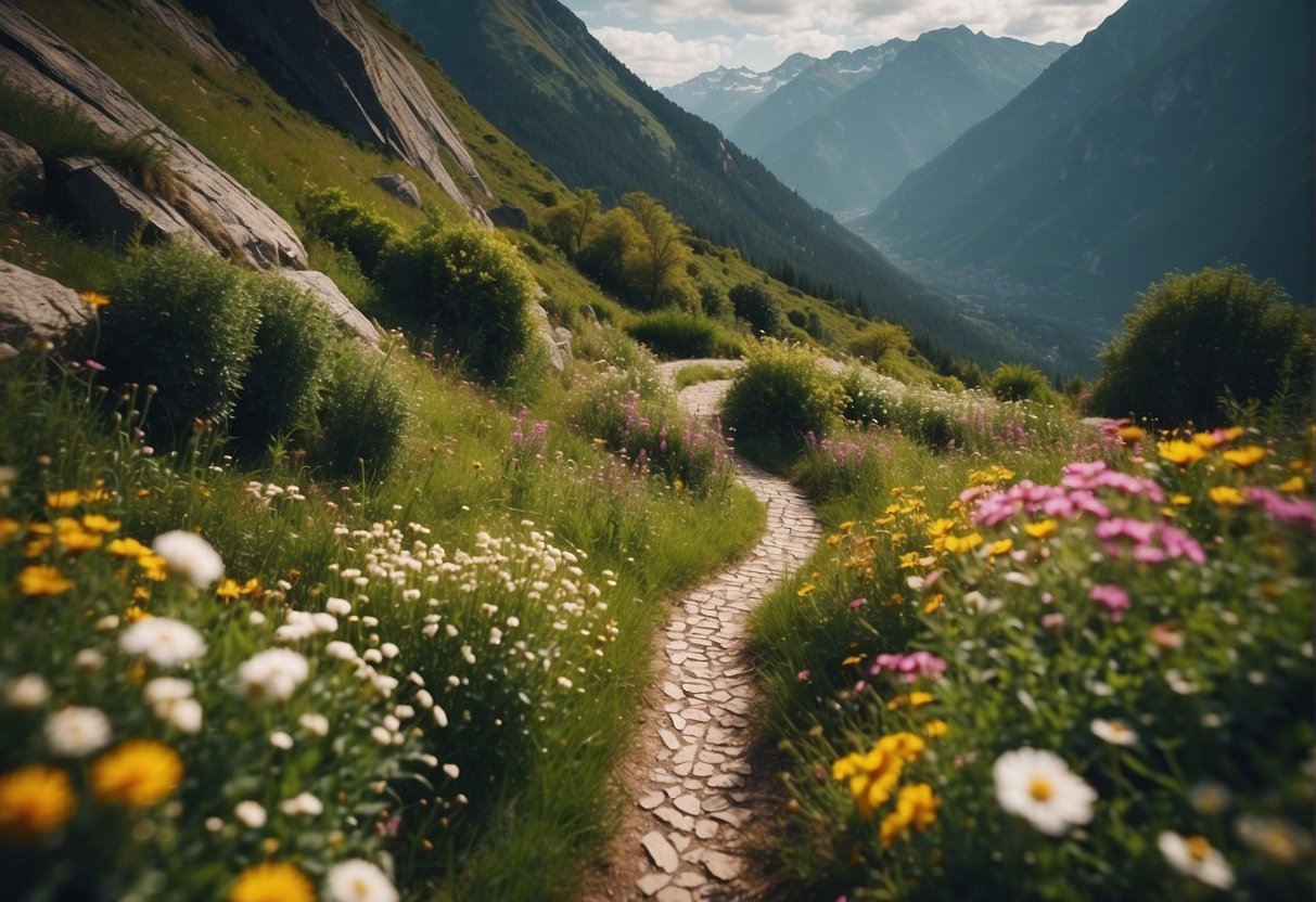 A winding path with peaks and valleys, surrounded by blooming flowers and vibrant greenery, symbolizing the non-linear journey of personal healing