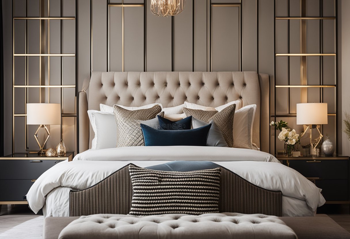 A cozy master bedroom with stylish decor and accessories, featuring a plush bed, elegant lighting, and luxurious textiles