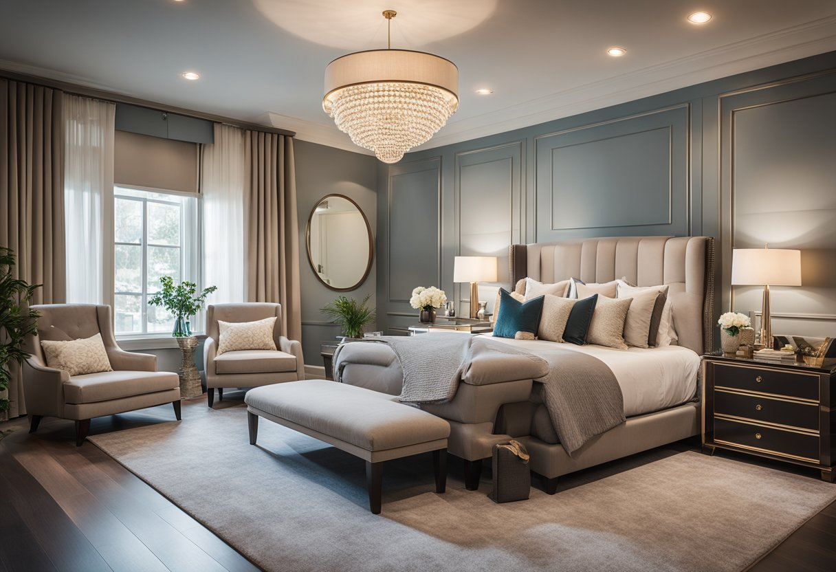 A luxurious master bedroom with elegant furniture, soft lighting, and a cozy reading nook. A large, plush bed is the focal point, with a stylish color scheme and decorative accents