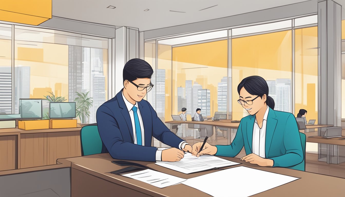 A business owner signing a loan agreement with a Singaporean bank representative