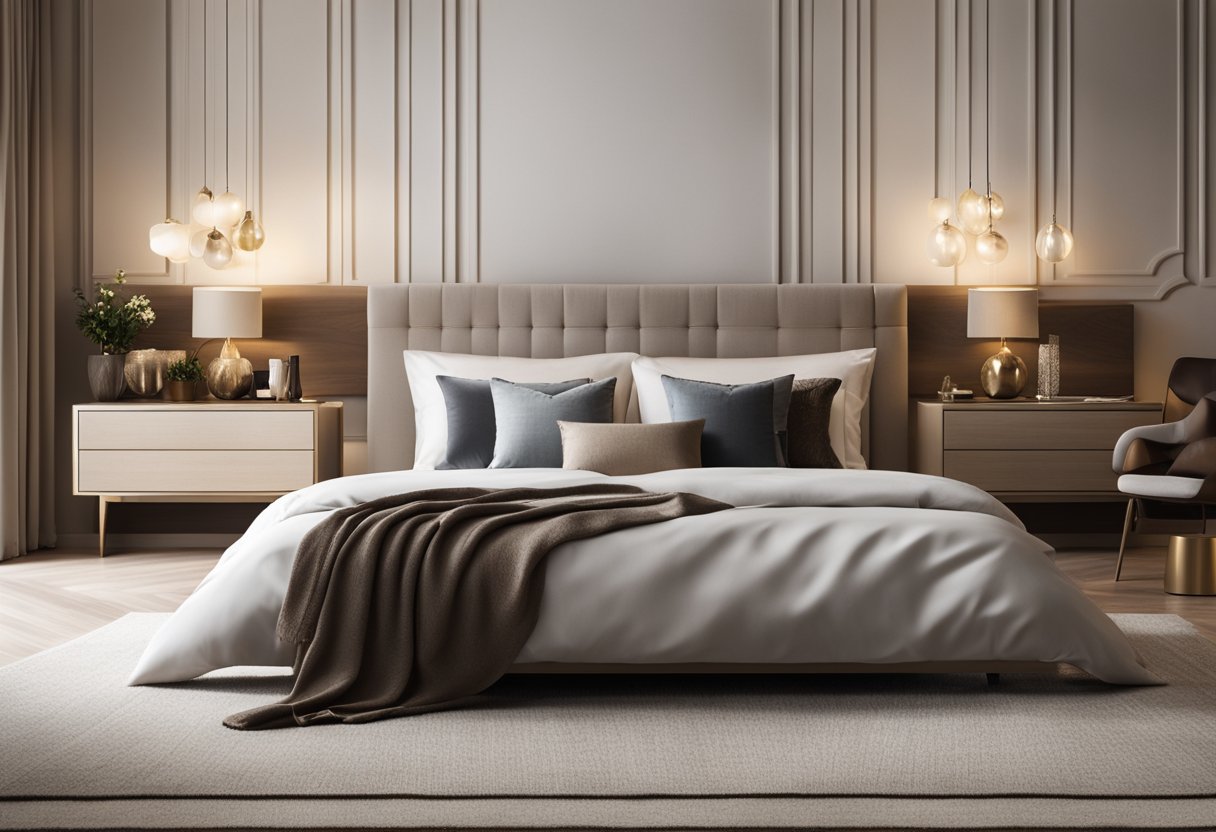 A cozy bedroom with stylish accessories and comfortable furnishings. Plush pillows, a chic rug, and elegant bedside lamps complete the look