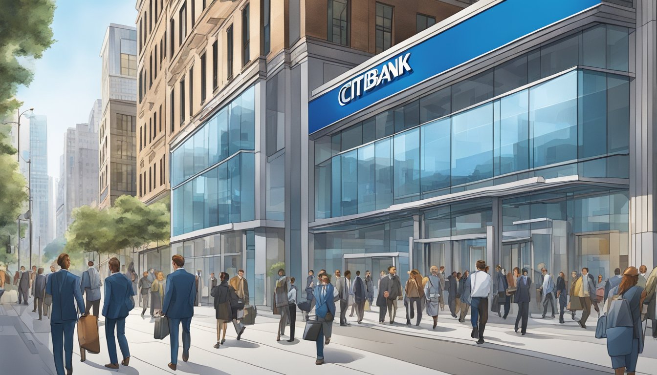 A bustling city street with a modern Citibank branch in the background, with business professionals entering and exiting the building