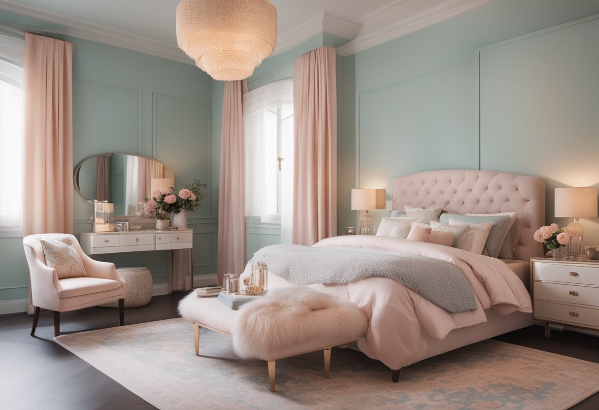A cozy bedroom with pastel colors, floral patterns, and soft lighting. A vanity with a mirror, a comfortable bed with decorative pillows, and a stylish rug complete the space