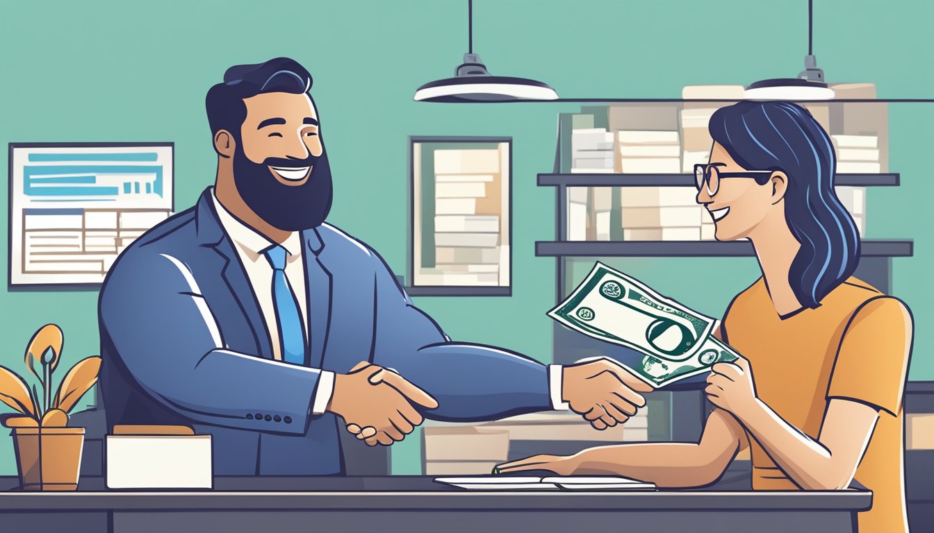 An American Express business loan being approved with a handshake and a smiling business owner receiving the funds