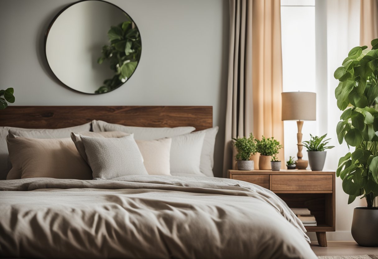 A cozy bedroom with a large, plush bed, soft, neutral-toned bedding, and a rustic wooden nightstand with a table lamp. A large, decorative mirror hangs on the wall, and potted plants add a touch of greenery