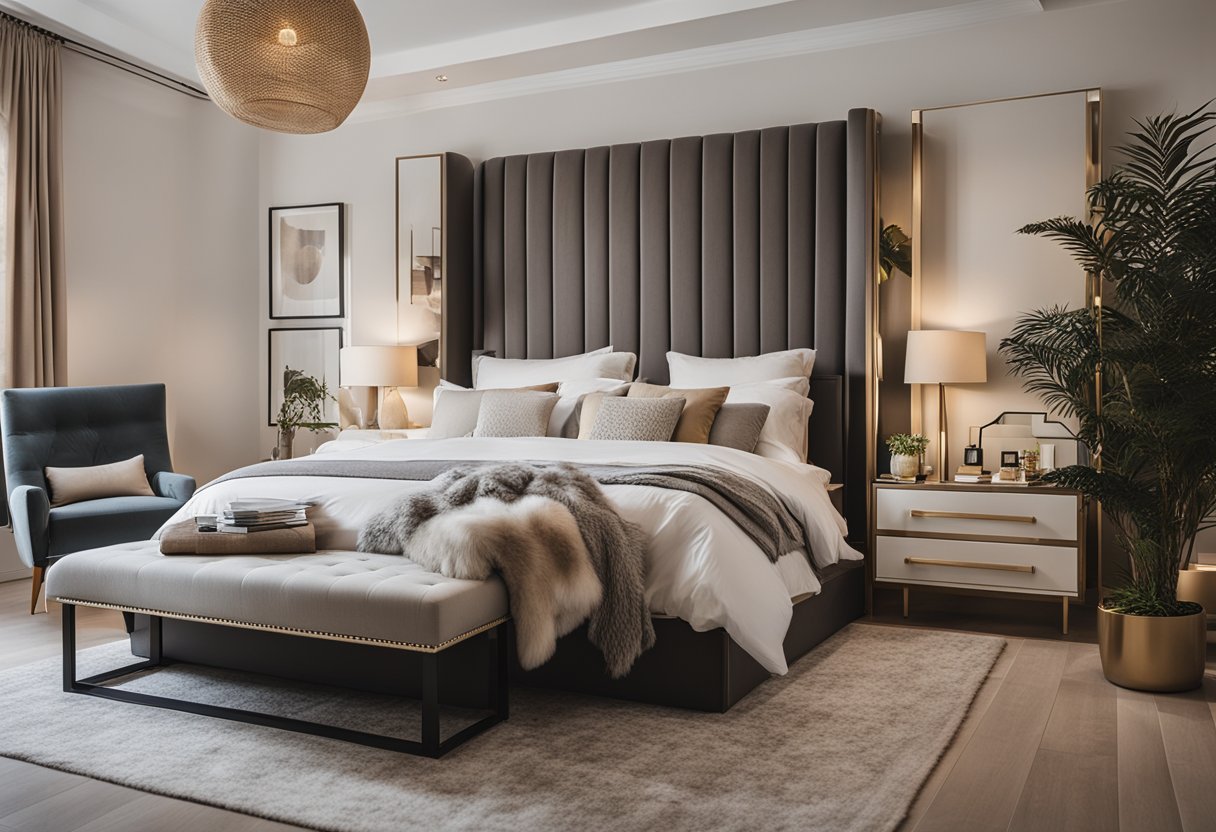 A cozy bedroom with a plush bed, soft lighting, and stylish furniture. A neutral color palette with pops of color in the decor