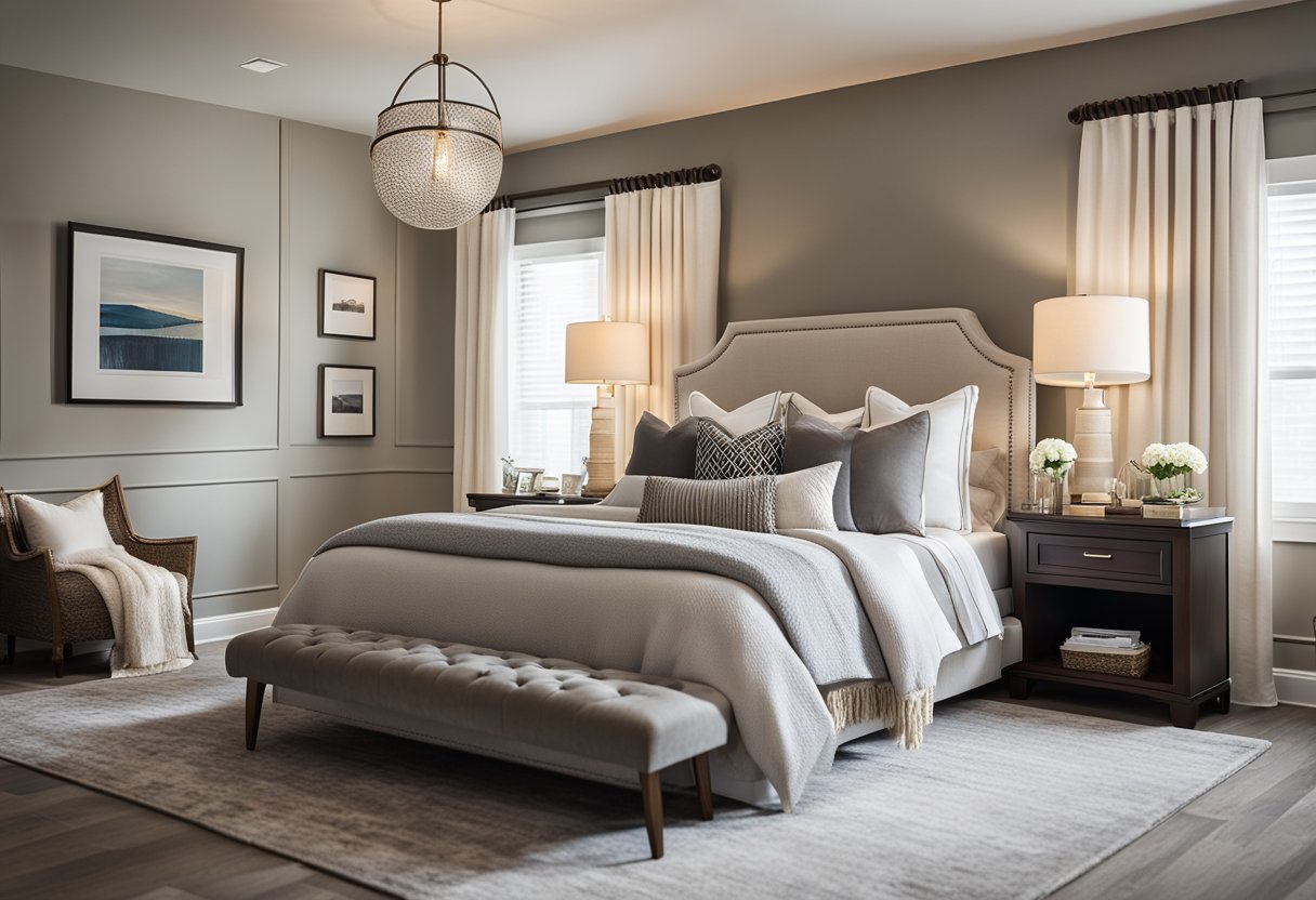 A cozy bedroom with neutral tones, plush bedding, and accent pillows. A nightstand with a lamp and decorative items. A large area rug and curtains complement the overall design