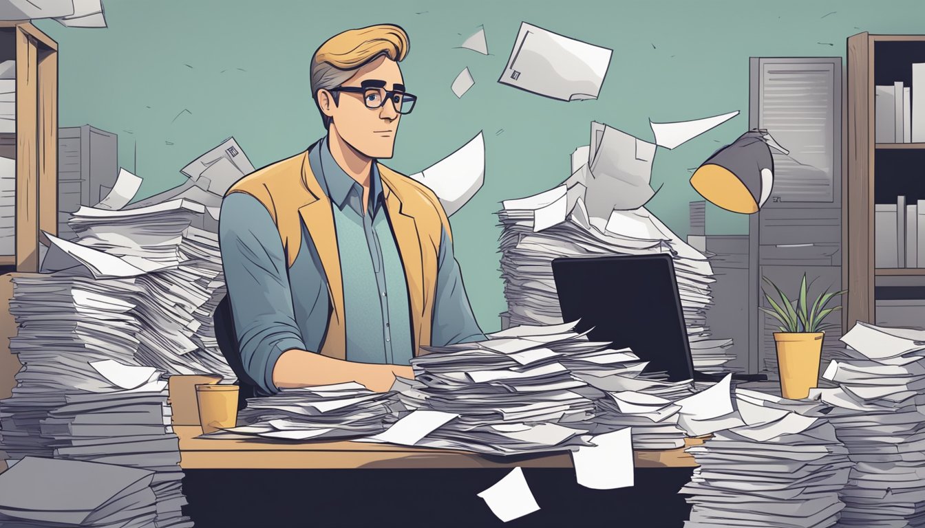 A business owner stands beside a broken contract, with a pile of unpaid bills and a distressed expression