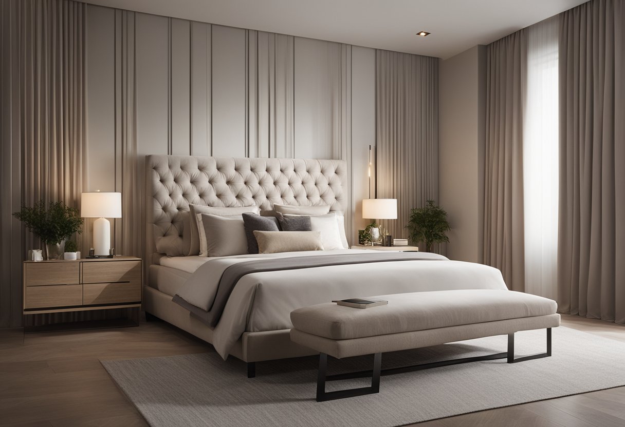 The bedroom has a modern design with a neutral color palette, a queen-sized bed with a tufted headboard, sleek nightstands, and a large window with sheer curtains