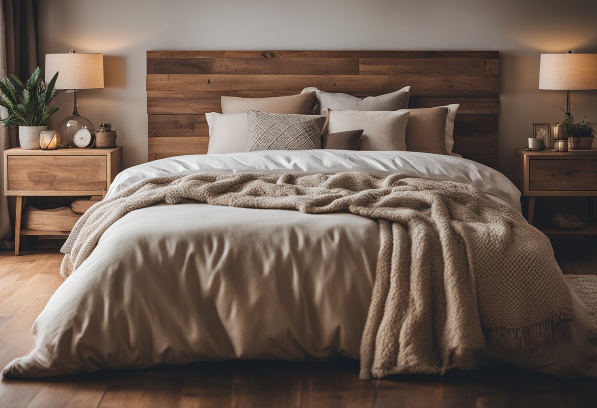 A cozy bedroom with a rustic charm. A plush bed with neutral bedding, a distressed wooden nightstand, and a soft rug on hardwood floors. Subtle lighting and decorative accents complete the inviting space
