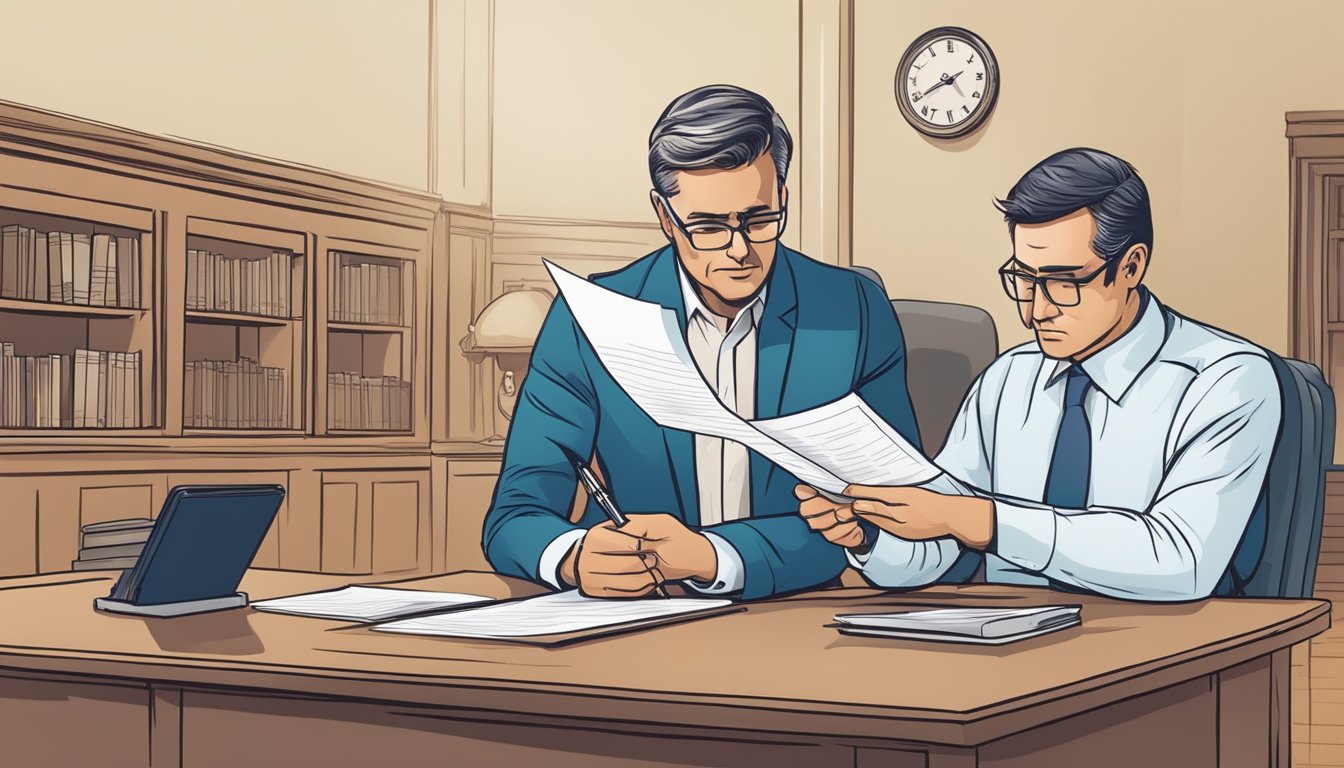 A business owner signing a document with a serious expression, while a lender looks on with a stern demeanor