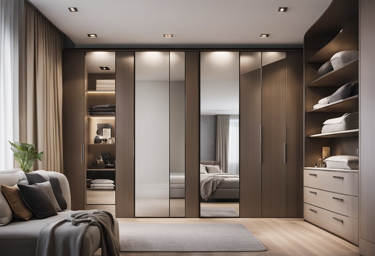 A spacious bedroom with a built-in wardrobe and a sleek dressing table, maximizing space and functionality