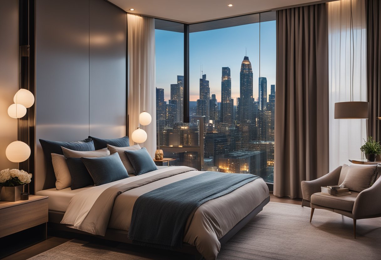 A cozy bedroom in a modern condominium, with a queen-sized bed, bedside tables, soft lighting, and a large window with sheer curtains overlooking the city skyline