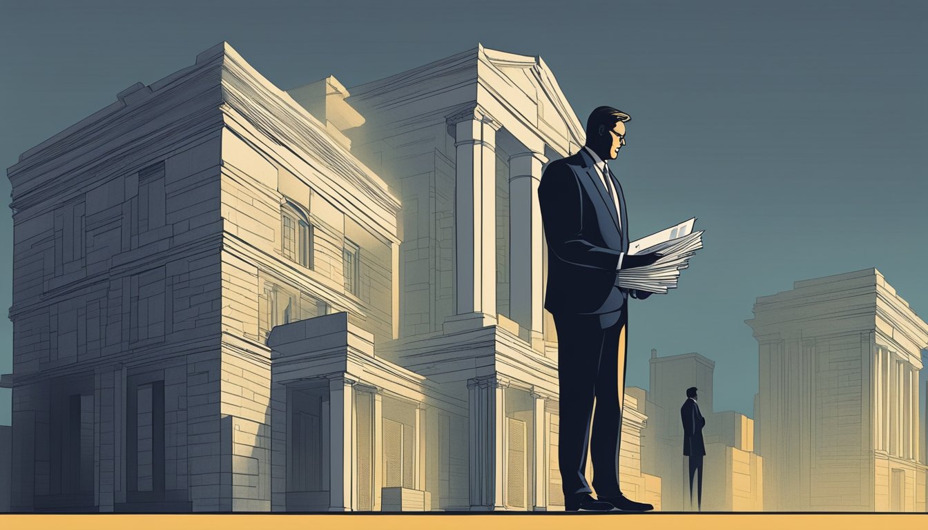 A businessman stands before a looming bank building, holding a stack of unpaid loan documents while a shadowy figure looms nearby, representing the consequences of defaulting on a business loan personal guarantee