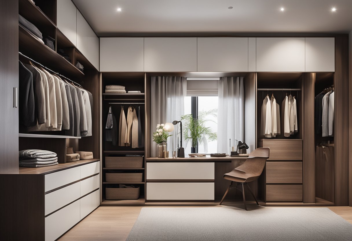 A sleek, modern bedroom wardrobe with a built-in dressing table, featuring ample storage and a clean, minimalist design