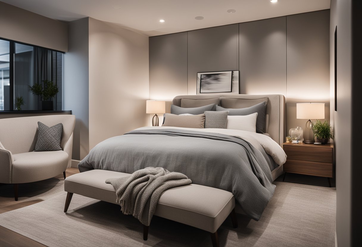 A cozy bedroom with modern furniture, soft lighting, and a neutral color palette. A large, comfortable bed sits against a feature wall with a stylish headboard. A small reading nook with a comfortable chair and a side table is nestled in the corner