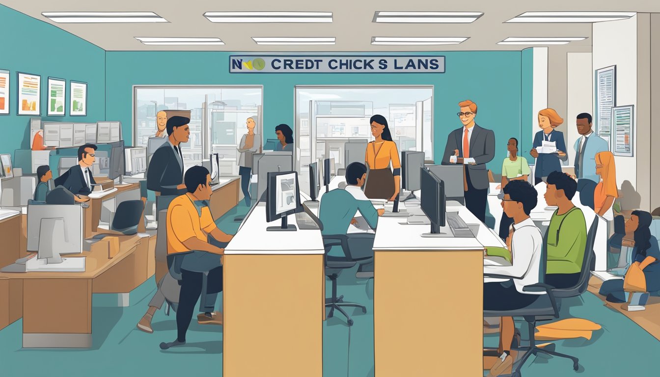 A bustling office with a sign advertising "No Credit Check Business Loans" and a line of small business owners eagerly waiting to speak with a loan officer