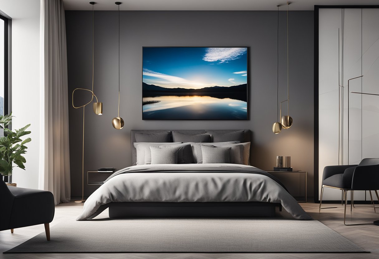 A sleek, modern bedroom with a large LCD panel mounted on the wall, displaying various designs and patterns. The panel is surrounded by minimalist decor, creating a clean and contemporary aesthetic