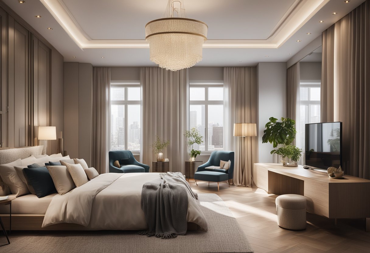 A spacious bedroom with a large, plush bed, soft lighting, and elegant decor. Windows let in natural light, and a cozy seating area completes the inviting atmosphere