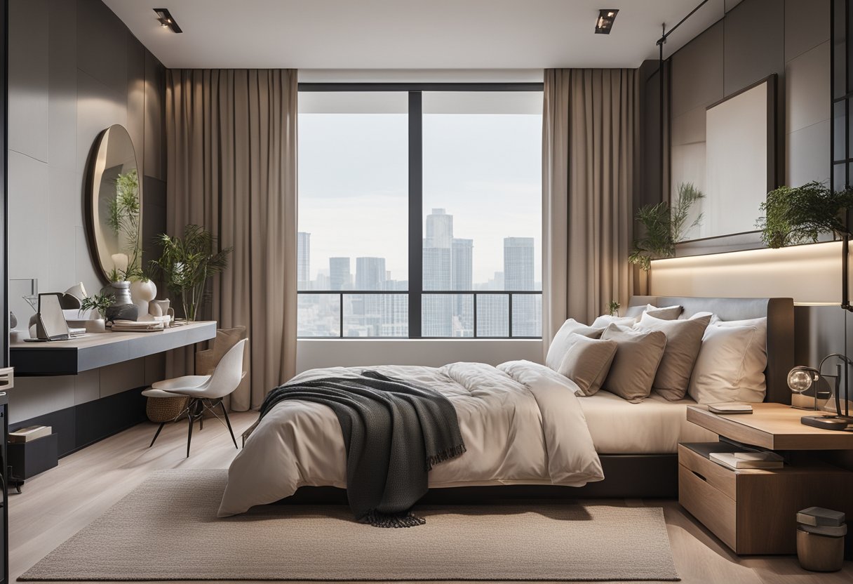 A cozy bedroom in a modern condominium, with a minimalist design, neutral color scheme, and ample natural light filtering through large windows