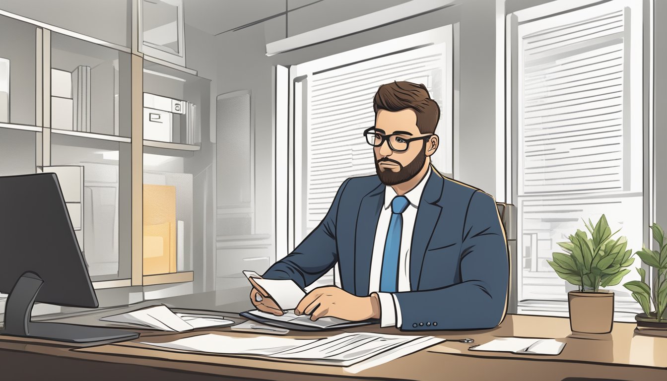 A business owner fills out a loan application form while reviewing eligibility criteria and interest rates on a computer screen
