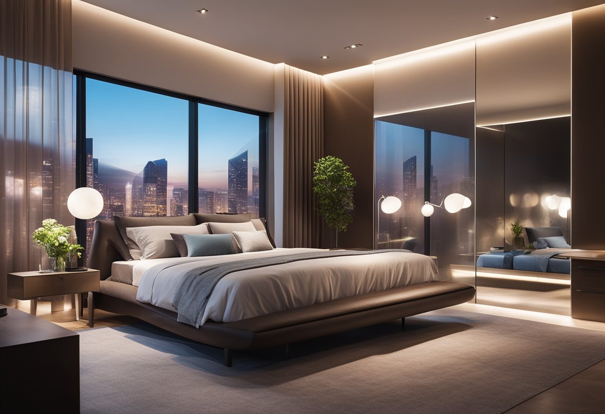 A modern bedroom with LCD panels on the walls, emitting soft, ambient light in various geometric designs