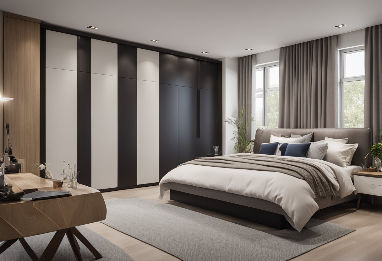 A spacious bedroom with a modern wardrobe and a sleek dressing table. The wardrobe has ample storage space and the dressing table is elegantly designed