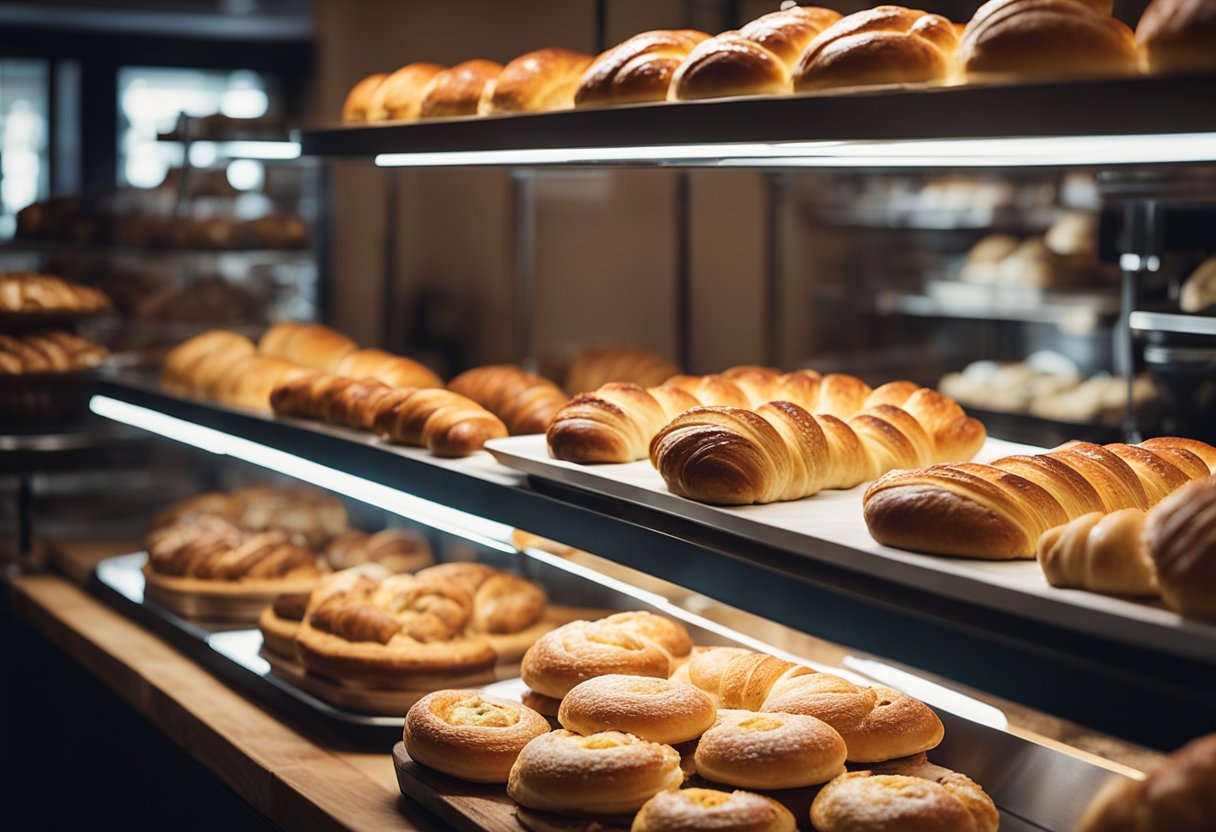 The French bakery interior features rustic wooden tables, vintage tiled floors, and a display of freshly baked pastries and bread. The warm lighting creates a cozy atmosphere, while the aroma of coffee and buttery croissants fills the air