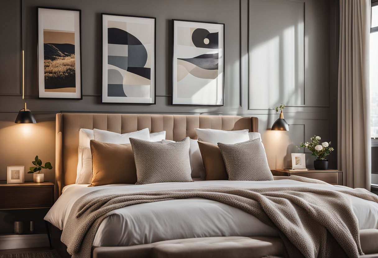 A cozy, modern bedroom with a large, comfortable bed, soft, plush pillows, and a warm, inviting color scheme. The room features elegant furniture, stylish decor, and large windows that let in plenty of natural light