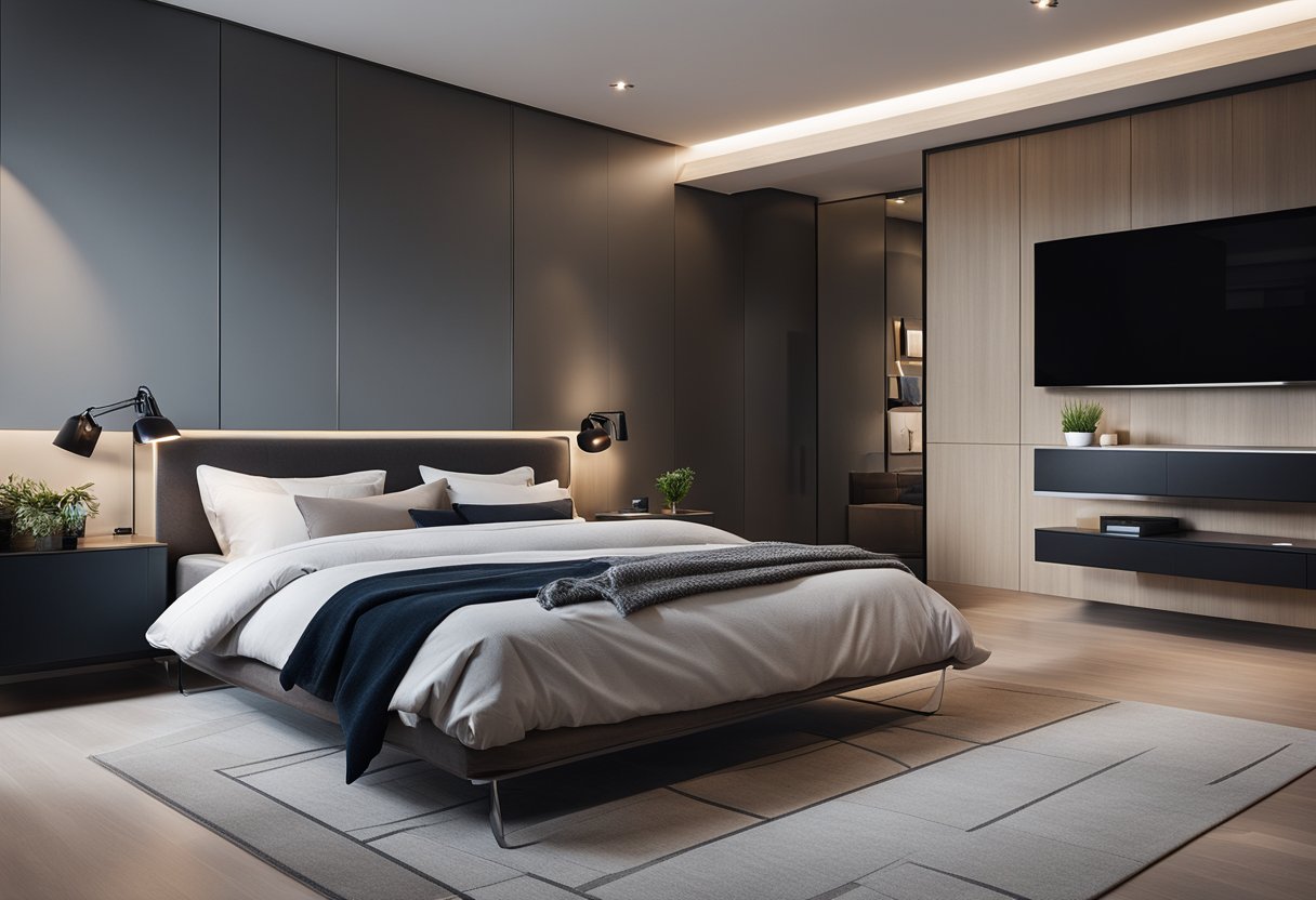 A sleek, modern bedroom with a wall-mounted LCD panel, minimalist furniture, and stylish decor