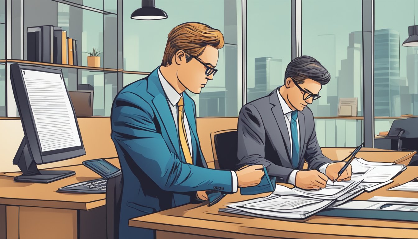 A business owner confidently signs paperwork at a bank, while a banker looks on approvingly