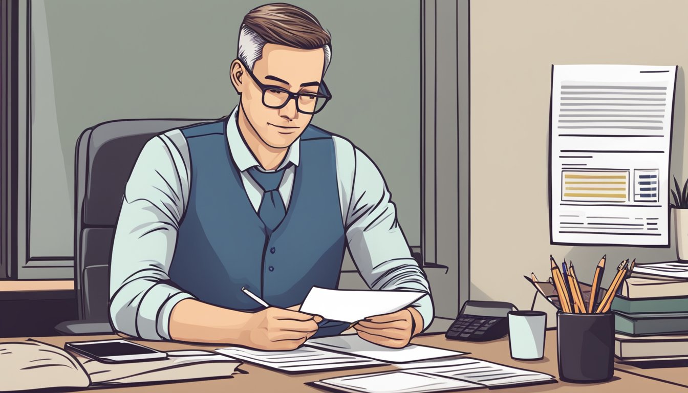 A business owner sits at a desk, reading a document titled "Frequently Asked Questions dbs business loan interest rate" with a calculator and pen nearby