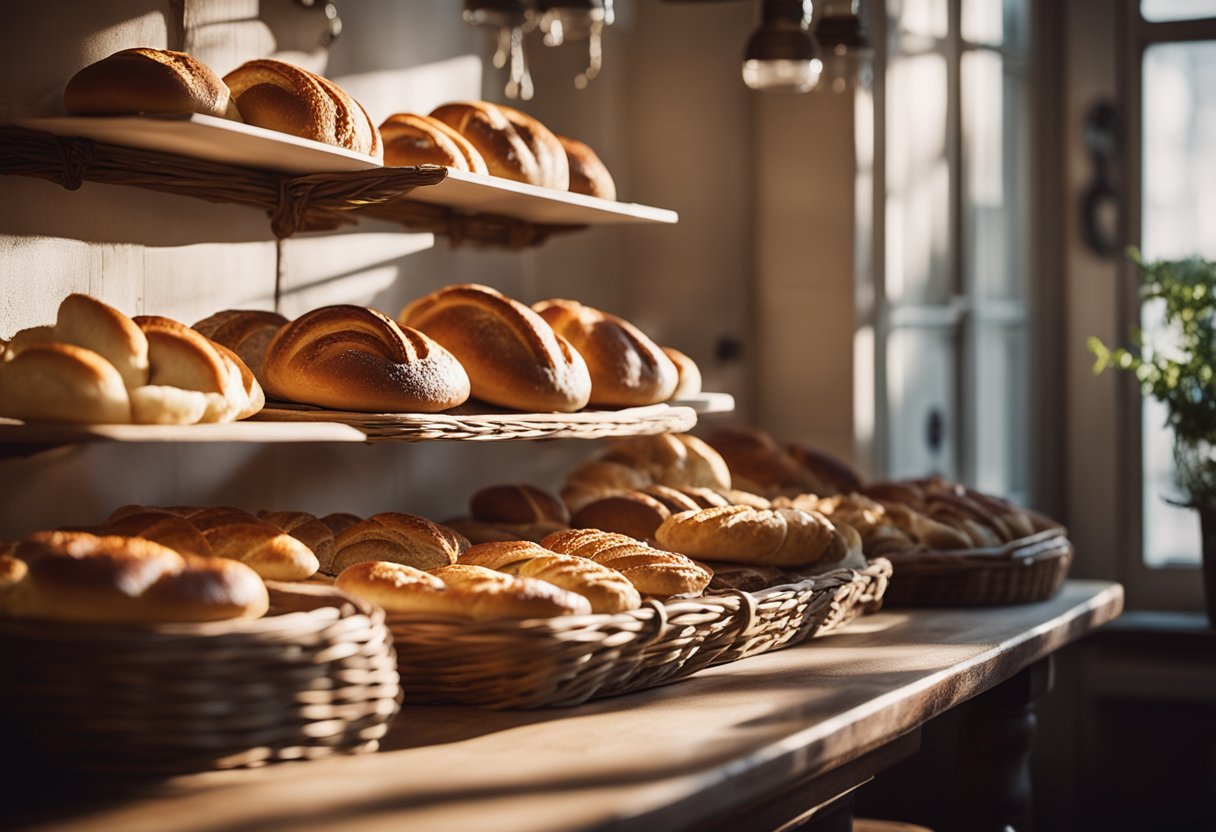 A cozy French bakery with rustic wooden tables, vintage bistro chairs, and a display of freshly baked pastries and bread. Sunlight streams in through the large windows, casting a warm glow over the charming interior