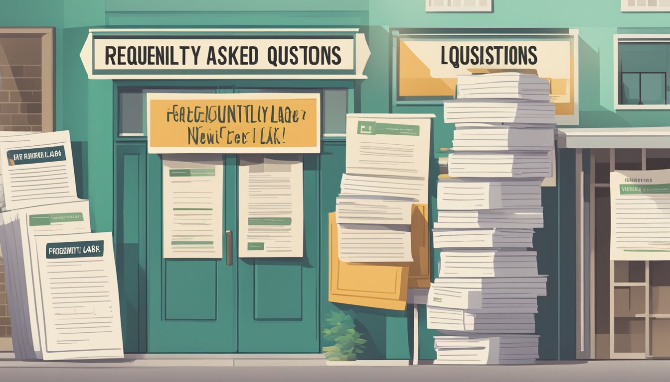 A stack of papers labeled "Frequently Asked Questions" next to a sign advertising "No Credit Check Business Loans."