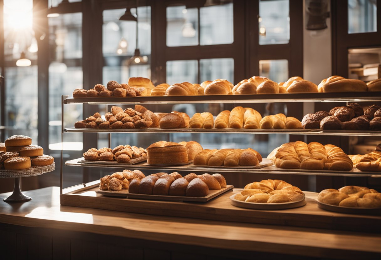 A cozy French bakery interior with rustic wooden shelves displaying an assortment of freshly baked pastries, bread, and cakes. Sunlight streams in through large windows, casting a warm glow on the delicious treats